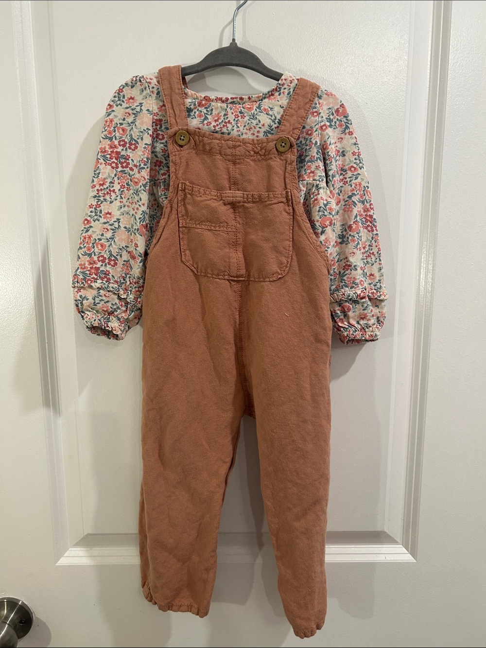 Zara Girls Rust Corduroy Overalls with Floral Top